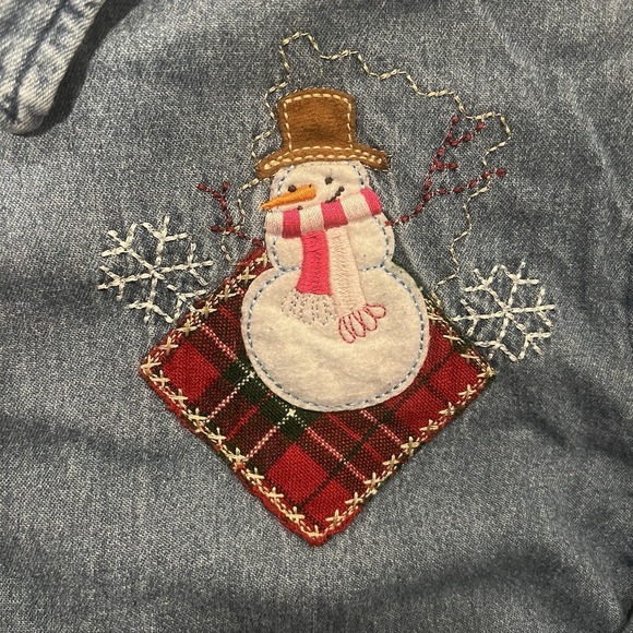 90s Denim Button Up Christmas Shirt Snowman Embroidered Holiday Top Womens XL - Picture 2 of 10